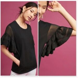 Vanessa Virginia by Antropologie Ruffled Cotton Sorrento Top Black Size Small